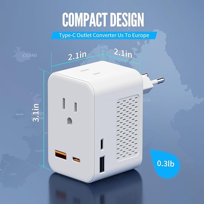 220V to 110V Voltage Converter US to Europe, Travel Adapter Plug Converter for European with 20W PD & 2USB-A & 2USB-C, European Power Converter Combo USA to Spain Italy France, White