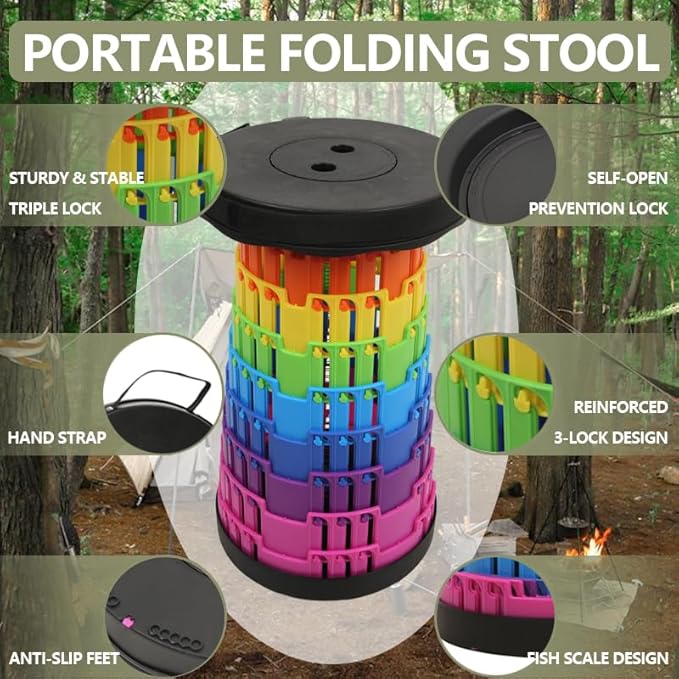 JAEMEYEM Collapsible Stool Chair, Upgraded Folding Stool for Adults Lightweight, Sturdy, Adjustable, Portable, Foldable Seat Sturdy Stools for Outdoor Camping Fishing Hiking Gardening BBQ