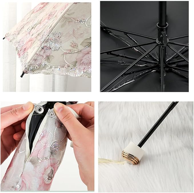 Floral Lace Folding Compact Umbrella - UV Protection Sun Flower Fancy for Women Girls, Portable Travel for Walking, Tea Party, Photo Shooting