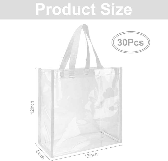 Eccliy 30 Pack 12x12x6 Inch Clear Tote Bag Stadium Approved Bulk Plastic Beach Tote Gift Bag with Handle for Gym Sports | 30 Pack, 12x12x6 Inch, Stadium Approved, Bulk, with Handle, Tote Gift Bag