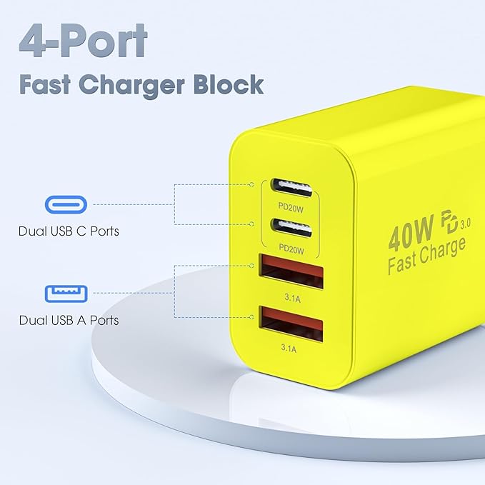 USB C Charger Block, 2 Pack 40W 4-Port iPhone Charger Fast Charging Multiport PD 3.0 & QC 4.0 Double Quick Charge, Compatible with iPhone 17/16/15/14/13/12/11，Pro Max，iPad, Samsung (2, Yellow)