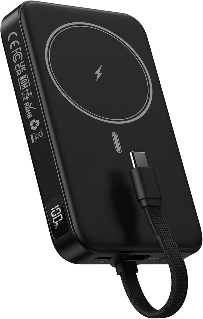 GREPRO Magnetic Portable Charger, 10000mAh for Magsafe Power Bank with a 22.5W USB-C Cable, USB-C Input & Output, LED Display for iPhone 17/17 Air/17 Pro/17 Pro Max/16/15/14/13/12 Series and AirPods