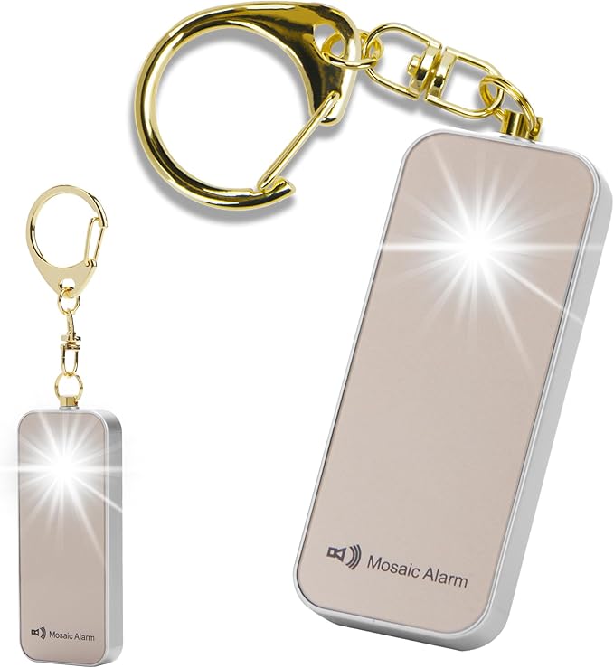 Ultrathin Personal Alarm Rainproof Ultra-Lightweight (0.8 oz) Bulky-Free Keychain Siren for Women, Students Safety. SOS Emergency 130db Hiking Alert Strobe Light. Replaceable Battery. Gold
