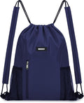 WANDF Drawstring Backpack with Shoulder Pad Sports Gym Backpack with Mesh Pocket String Bag for Women Men (Navy Blue)