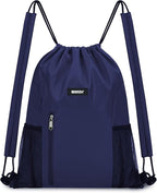 WANDF Drawstring Backpack with Shoulder Pad Sports Gym Backpack with Mesh Pocket String Bag for Women Men (Navy Blue)