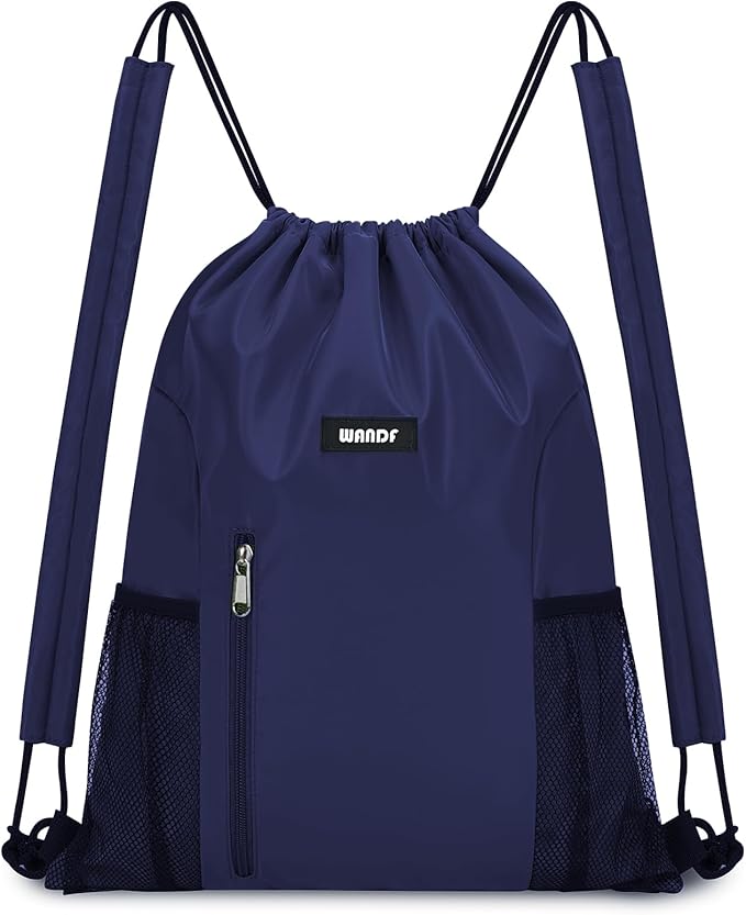 WANDF Drawstring Backpack with Shoulder Pad Sports Gym Backpack with Mesh Pocket String Bag for Women Men (Navy Blue)