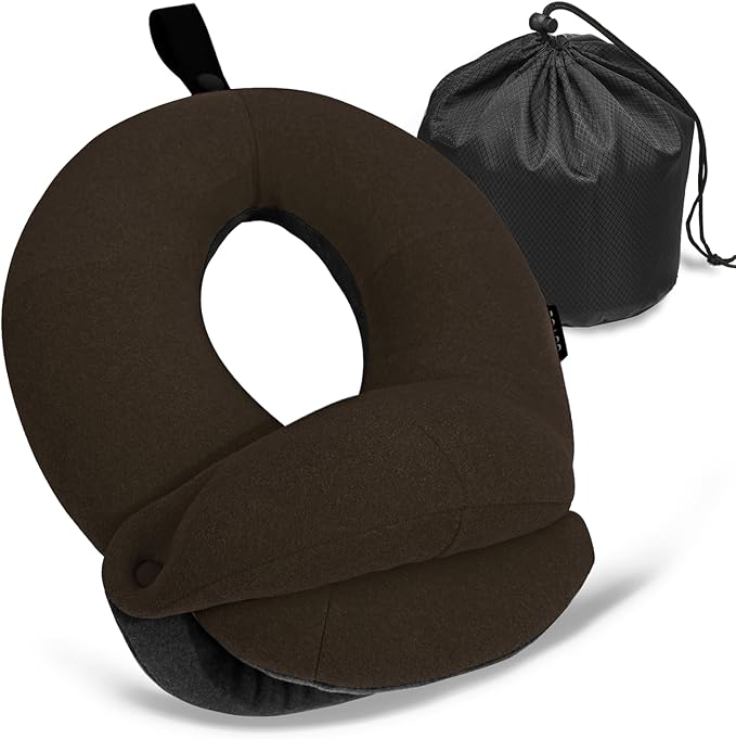 BUYUE Kids Travel Pillows for Airplane, Memory Foam 360° Head Support Sleeping Essentials for Boys Long Flight, Skin-Friendly Soft Neck Pillow for Traveling in Car Seat, (Small, Brown Grey, 40-90 lbs)