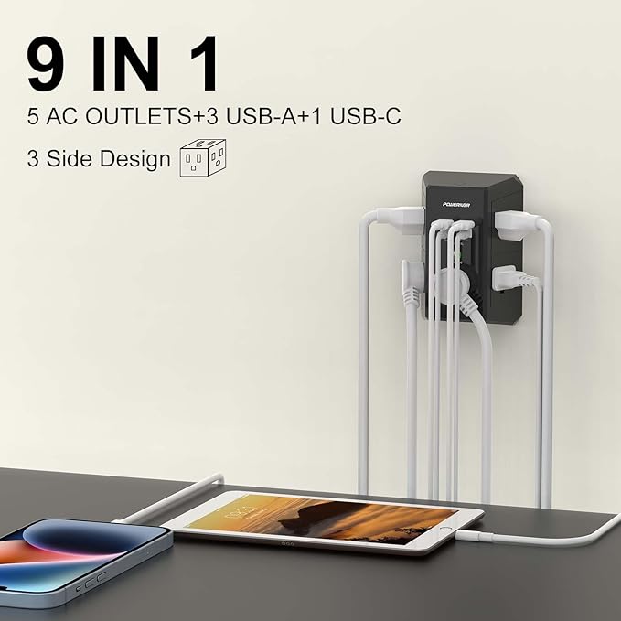 Multi Outlet Extender Surge Protector - POWERIVER Multi Plug Wall Outlet with 5 AC Outlets and 4 USB Ports(2USB C), 1680 Joules, Outlet Splitter for Home School Office, ETL, Black