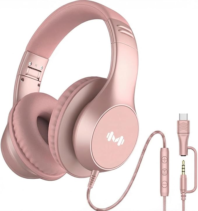 Wired Headphones, Premium Over-Ear Headset with Hi-Fi Stereo Sound, Noise-Isolating Ear Cushions, Lightweight Comfortable Design, Tangle-Free Cable, Ideal for Work, Travel, Daily(Rose Gold)