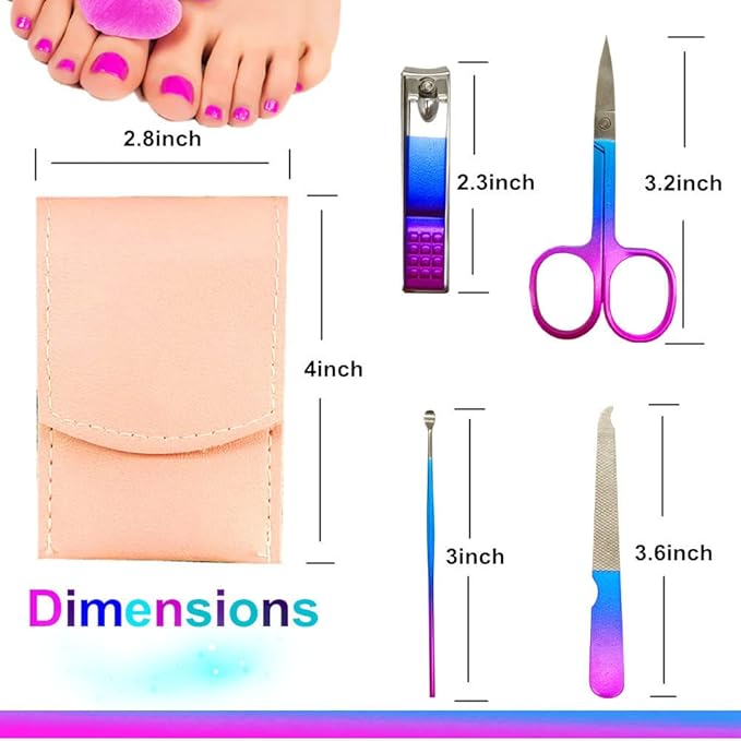 Manicure Set, Professional Women Nail Clippers Kit 4PCS， Stainless Steel Nail Cutter Care Tools Professional Grooming Kits, PU Leather Travel Case （Colorful）