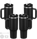 4 Pack 40 Oz Tumbler with Handle Bulk, Double Wall Vacuum Insulated Stainless Steel Tumbler with Lid and Straw, 40 oz cup with Silicone Spill Proof Stopper Set (Black)