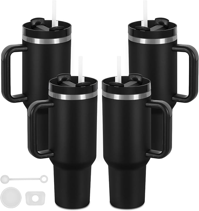 4 Pack 40 Oz Tumbler with Handle Bulk, Double Wall Vacuum Insulated Stainless Steel Tumbler with Lid and Straw, 40 oz cup with Silicone Spill Proof Stopper Set (Black)