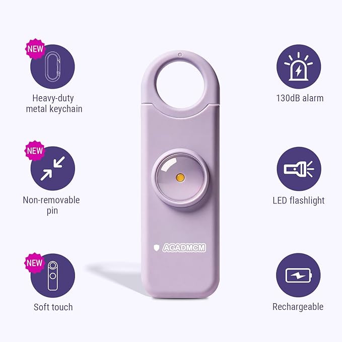 Rechargeable Personal Safety Alarm, 130dB Emergency Siren with LED Flashlight, Portable Keychain for Women, Kids, Elderly, Night Running & Travel (Lavender Purple)