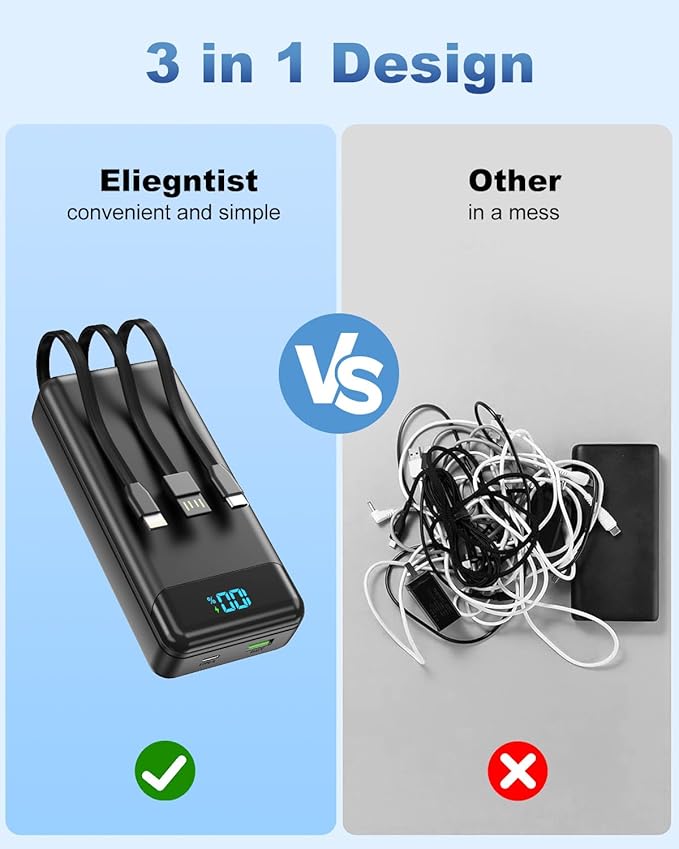 Portable Charger 40000mAh Power Bank - PD 22.5W Fast Charging Battery Pack, Built-in Cable Phone Charger 4 Output 3 Input, Compatible with iPhone 16 15 14 13 Android Samsung