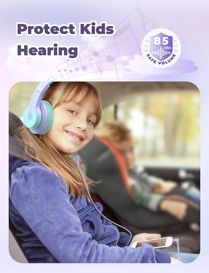 iClever HS19S Kids Headphones, 85dBA Safe Volume Limiter - Over Ear Stereo Headphones for Kids Boys Girls, Foldable 3.5mm Jack Wired Headphone for iPad/Tablet/School/Travel