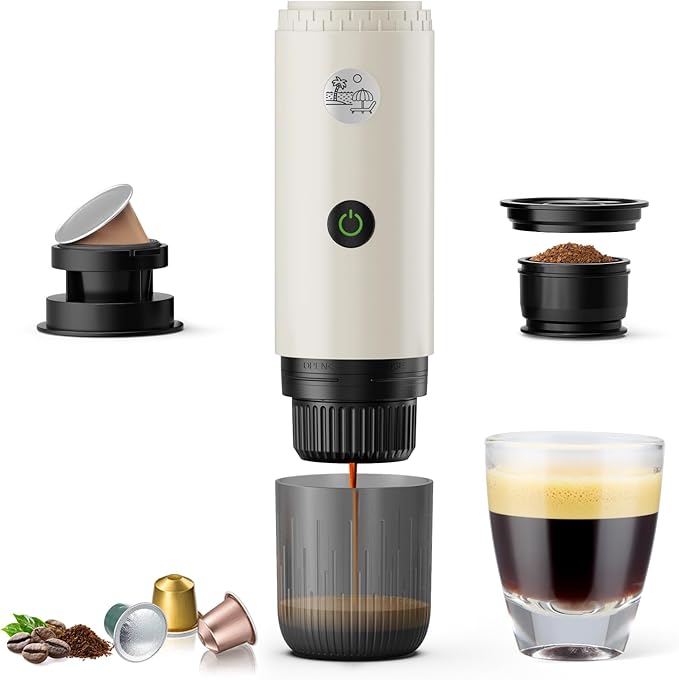 RECAFIMIL Portable Espresso Machine, Travel Coffee Maker for Camping, Car Coffee Maker Self-Heating with USB-C, 2 in 1 With Ground Coffee & NS Capsule for RV, Hiking, Office Gifts for Men(White)