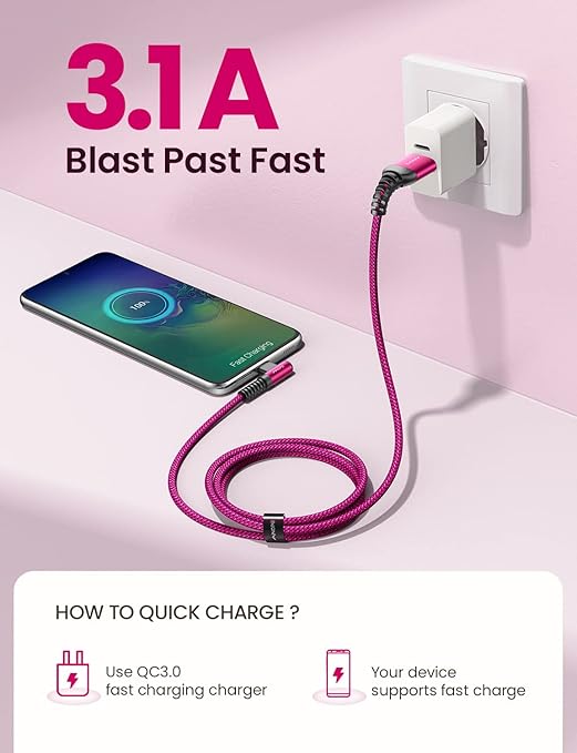 AINOPE Type C Cable [2-Pack, 6.6ft] 3.1A Type C Charger Fast Charging Right Angle, Resistant Nylon Braided S9 Charger Compatible with Galaxy S10 S9 Plus S21, Note 10 9 LG, USB C Cable