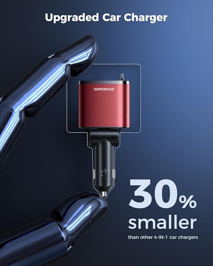 [Upgraded] 4 in 1 Retractable Car Charger, SUPERONE Smaller Fast Car Phone Charger 69W with Cord, USB C and iPhone Car Charger Adapter, Compatible iPhone 17/17 Pro Max/16/15/14/13/12/11, Sumsung