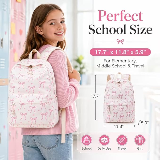 LOIDOU Backpack for Girls School Backpacks Bookbags for Elementary Middle School Women Laptop Backpacks (Bow tie Beige, L-17)