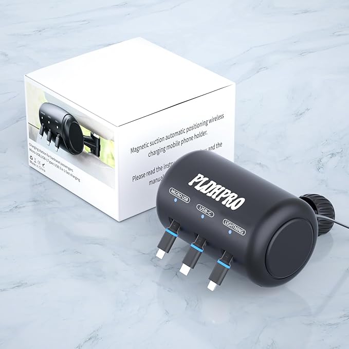 Retractable Car Backseat 3 in 1 Multi Charging Station Box with USB Type C Lightner Retractable Cables for All Phones | iPhone | Samsung | Android | Uber | Share Ride Customer Charging Dock