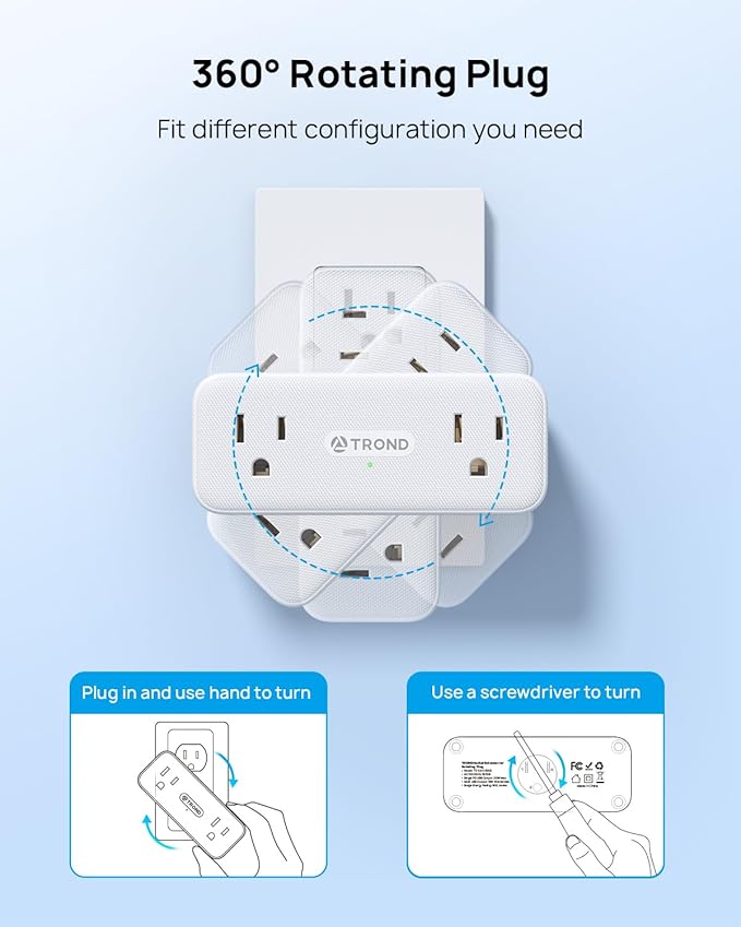 TROND Multi Plug Outlet Extender 2 Pack - 6 AC Outlet Splitter with 360° Rotating Plug, Wall Plug Adapter, 3 Way Multiplug Expander, Swivel Wall Extension Adapter for Bathroom Kitchen Office Travel