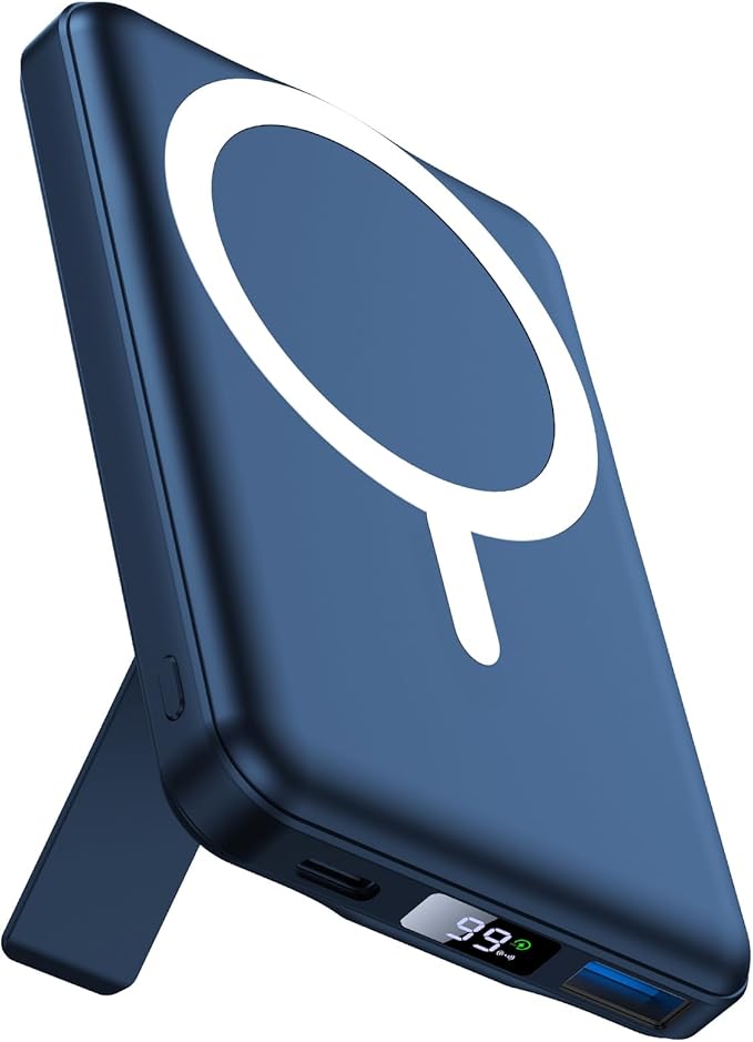 AOGUERBE for MagSafe Portable Charger, 10000mAh Magnetic Power Bank 22.5W Fast Charging, Mini Battery Pack Wireless with LED Display&Foldable Stand for iPhone 17/16/15/14/13/12 Series (Royal Blue)