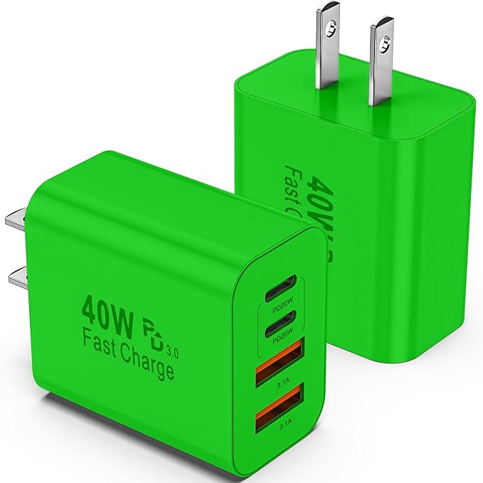 USB C Charger Block, 2 Pack 40W 4-Port iPhone Charger Fast Charging Multiport PD 3.0 & QC 4.0 Double Quick Charge, Compatible with iPhone 17/16/15/14/13/12/11，Pro Max，iPad, Samsung (2, Dark Green)