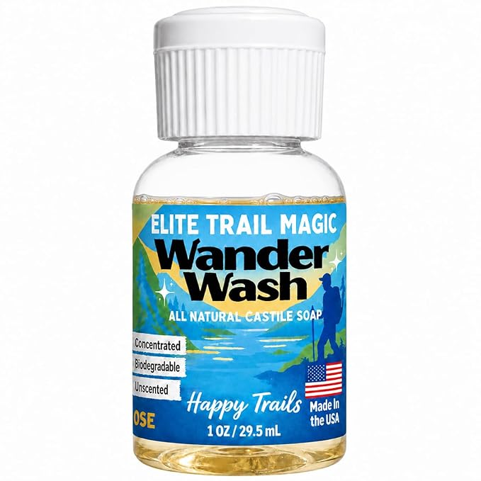 Elite Trail Magic- Wander Wash Biodegradable Castile Camp Soap – Ultralight 1 oz Concentrated Liquid Soap for Camping- Dish Wash Station-Travel & Backpacking – All Purpose, Unscented