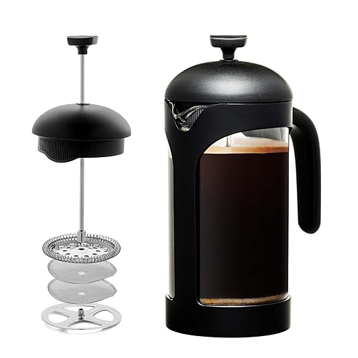OVENTE French Press Coffee Maker 34 Ounce with Heat Resistant Borosilicate Glass & Stainless Steel 4-Level Filtration System, Portable Cold Brew Coffee Maker for Travel, Camping or Gift, Black FPB34B