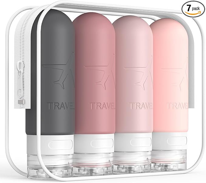 ME.FAN Travel Bottles for Toiletries, TSA Approved 3oz Travel Size Containers, Silicone Squeezable Portable Split Bottle, Travel Accessories for Conditioner, Shampoo, Lotion- 4 Pack Pink