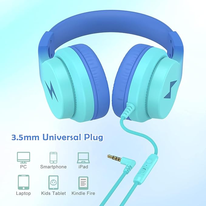 Bila Kids Headphones, Wired Over Ear Headphones with Microphone, Volume Limiter for Girls & Boys, Foldable for Learning & Entertainment