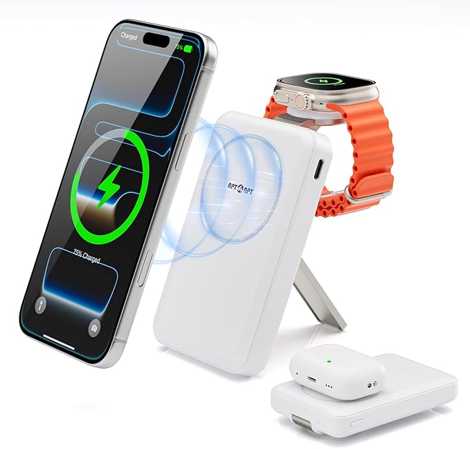 Magnetic Portable Charger, 10000mAh MagSafe Power Bank Fast Charging with Stand, 3 in 1 Travel Essential Wireless Charger Station for iPhone 17/16/15/14/13/12, Apple Watch, Airpods, White