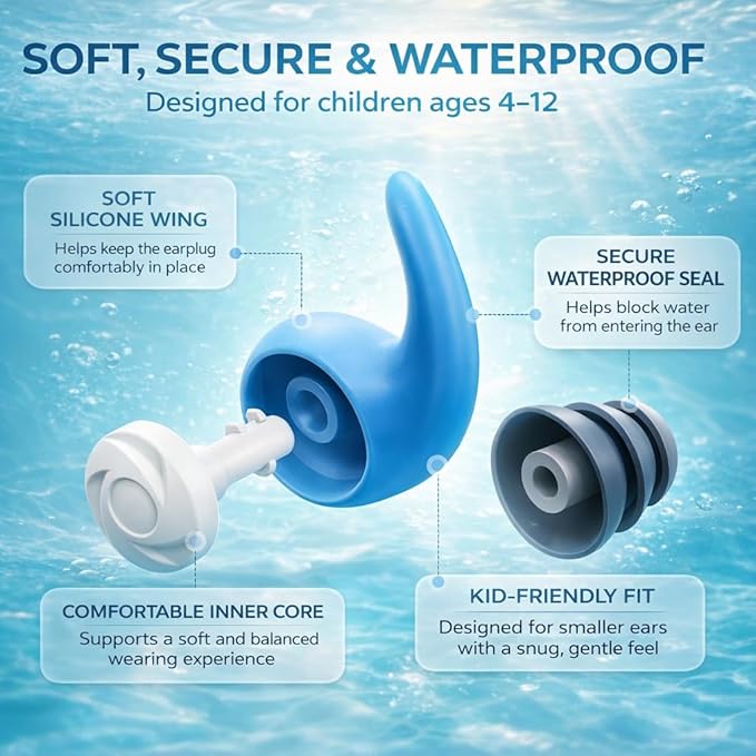 Swimming Ear Plugs for Kids with Lanyard, 3 Pairs Waterproof Reusable Soft Silicone Swim Earplugs for Pool, Surfing, Diving, Showering