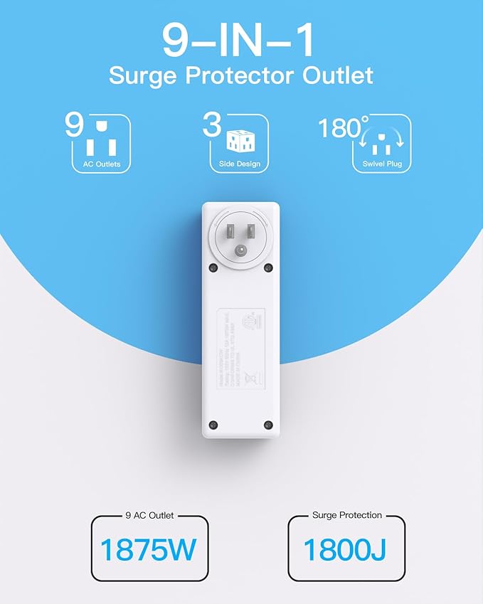 Surge Protector Outlet Extender with Rotating Plug, 9 AC Multi Plug Wall Outlet Expander, 1800J Wall Charger, 3-Sided Power Strip Electrical Plug Adapter Outlet Splitter for Home Office College Dorm