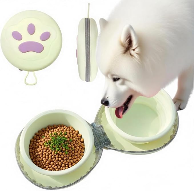 Bear Paw Foldable Pet Bowl, Dual Bowl Design for Food and Water,6.1in，Pink,Orange and Beige (Beige)