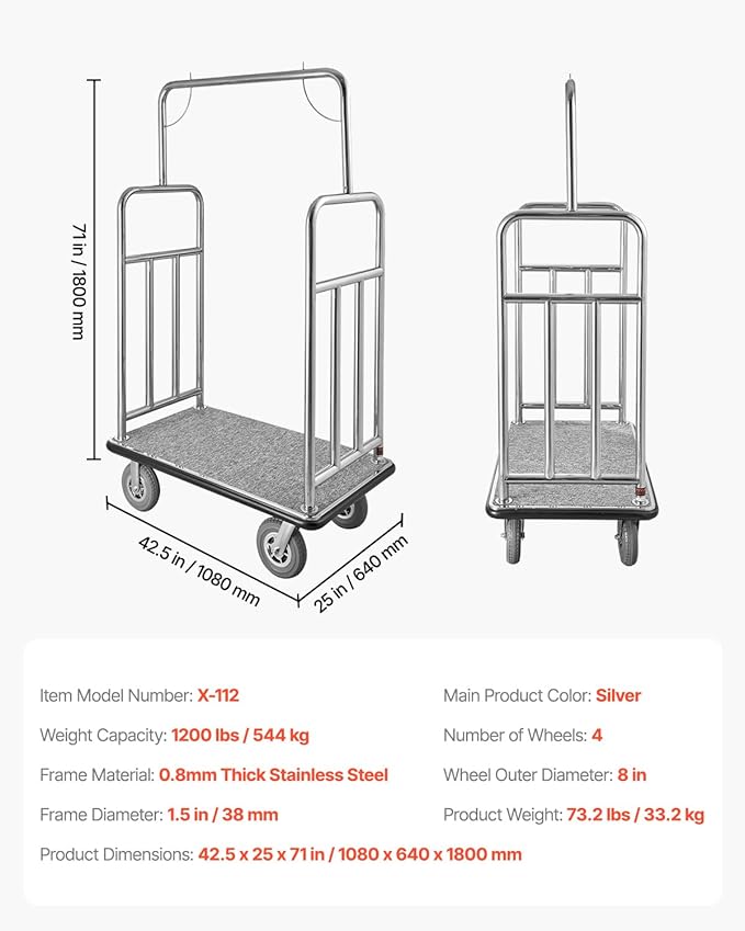 VEVOR Hotel Luggage Cart, Brushed Stainless Steel Finish Bellman's Cart, 1200 LBS Valet Cart with Grey Carpeted Deck and 8-inch Rubber Wheels, Ideal for Hotels, Condos, Resorts, Silver