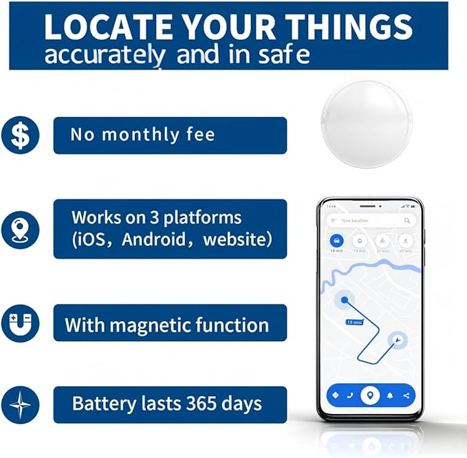 Mini GPS Tracker for Vehicles - No Monthly Fee Car Tracker with Anti-Loss, Location History & Long Battery Life, Compatible with Android ﻿ ﻿ (White)