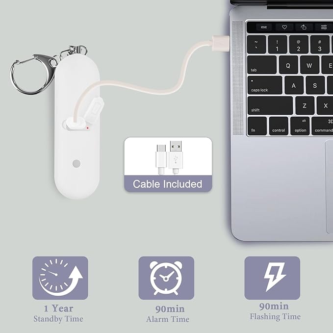 Personal Safety Alarm - Waterproof Rechargeable Security Alarm - 140dB Extra Loud Siren & Strobe Light - Self Defense Keychain - Gift for Women, Teenagers, College Girls, Seniors (White)
