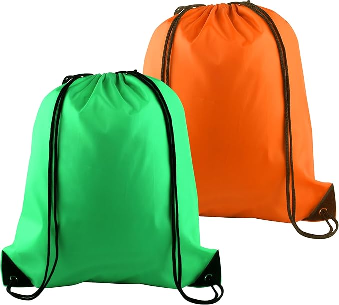 PLULON 2Pcs Drawstring Bags Bulk Drawstring Backpack Green Orange String Backpack Cinch Sack Sport Gym Backpack Bags for Yoga Traveling Outdoor Sports