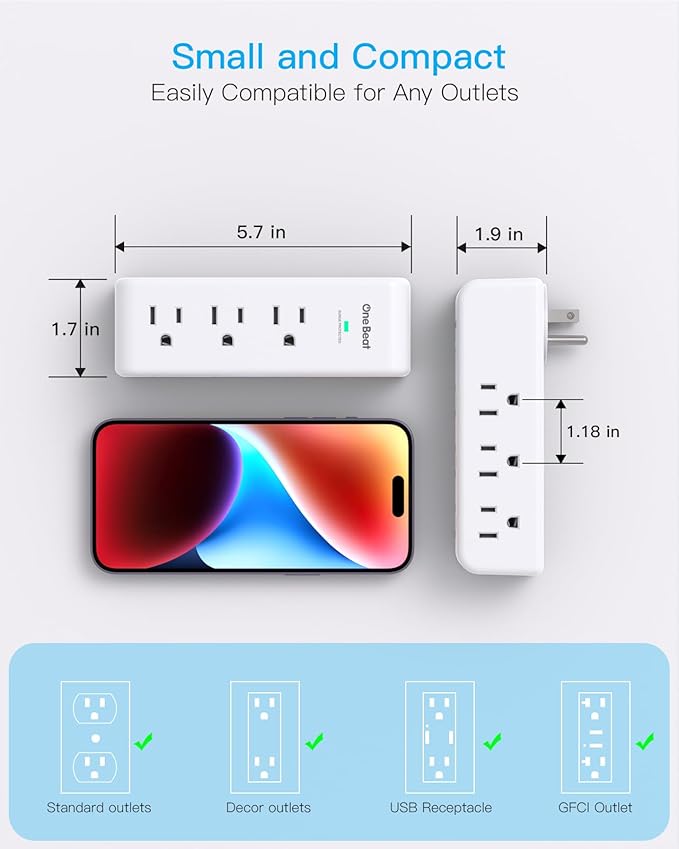 Surge Protector Outlet Extender with Rotating Plug, 9 AC Multi Plug Wall Outlet Expander, 1800J Wall Charger, 3-Sided Power Strip Electrical Plug Adapter Outlet Splitter for Home Office College Dorm
