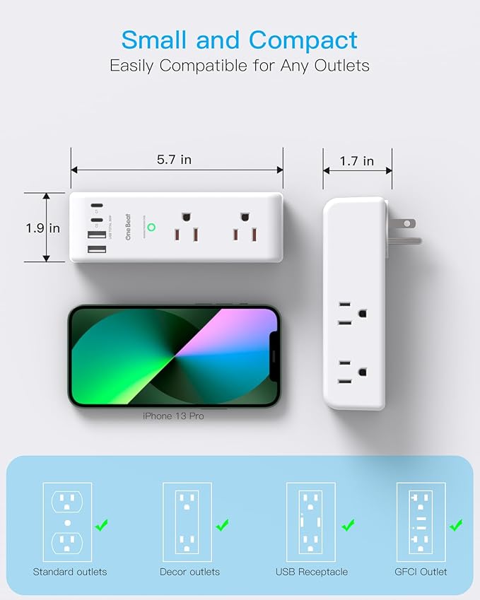 PD 30W Surge Protector Outlet Extender, Rotating Plug, One Beat 6 AC Multi Plug Outlet with 4 USB Ports (2 USB C), 1800J, 3-Sided Swivel Power Adapter with Spaced Outlet Splitter for Home Office Dorm