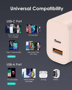 [4 Pack] USB C Charger Block Fast Charging Multiport Adpater [PD 20W USB-C & QC 3.0 USB-A Port] for i Phone 17/16/15/14/13/12/11/X/8, i Pad, Galaxy, Google, Galaxy & More [Pink]