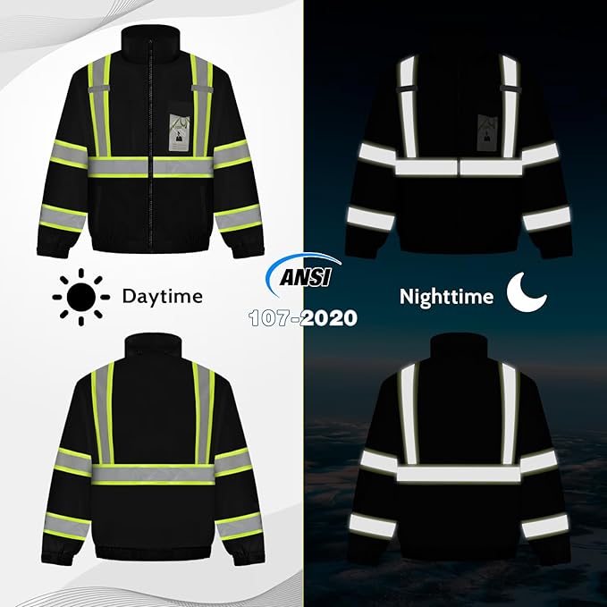 Hi Vis Rain Jackets, Reflective Safety Jacket with Pockets for Men& Women, Construction Coats for Cold Weather, Waterproof Rain Gear, Class 3, Black with Bottom, 4XL