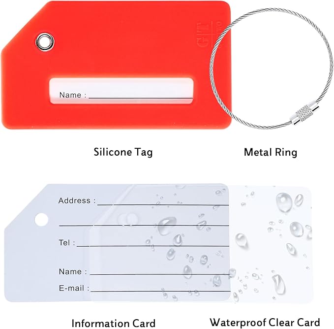 8 Pack Silicone Luggage Tag for Suitcases with Stainless Loop, TSA Approved, Privacy Protection Travel Essentials Bag Tags by Gostwo, Red
