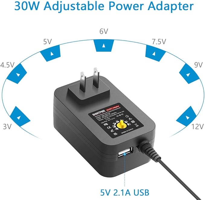 SHNITPWR 30W Universal Power Supply 3V 4.5V 5V 6V 7.5V 9V 12V Adjustable Variable AC/DC Adapter with 5V 2.1A USB Port, 100V-240V AC to DC 3V~12V Converter 0.5A 1A 1.2A 1.5A 2A 2.5A Max with 14 Tips