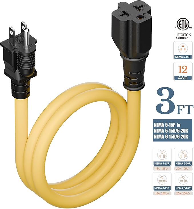 4 in1 NEMA 5-15P Extension Cord, Winxus 3FT NEMA 5-15P to 5-15R, 5-20R, 6-15R, 6-20R Adapter Cord, 15A to 20A AC Adapter Cable, 3 Prong Extension Cords 3 FT