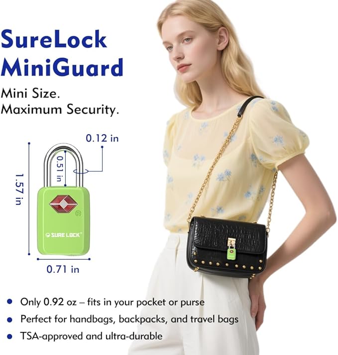 SURE LOCK Mini TSA Approved Keyed Luggage Lock – One Key Opens All, Fits Tight Zipper Gaps & Small Pull Holes, Compact Travel Lock for Suitcases, Backpacks & Handbags