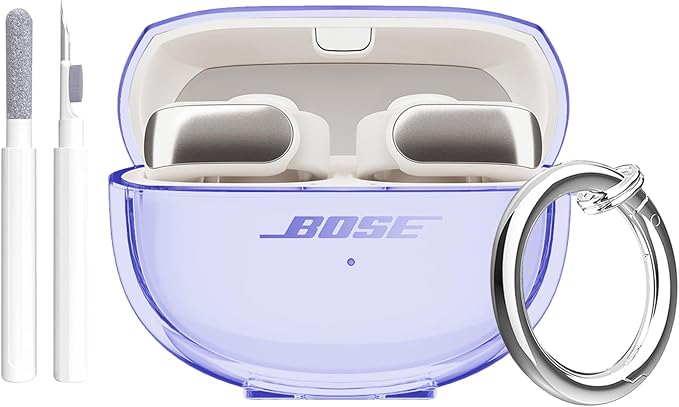 Aircawin for Bose Ultra Open Earbuds Case Clear 2024,Full Protective Shockproof Soft Transparent TPU Cover for Bose Open Ear Wireless Earbud Headphone Accessories with Carabiner& Cleaning Pen-Purple