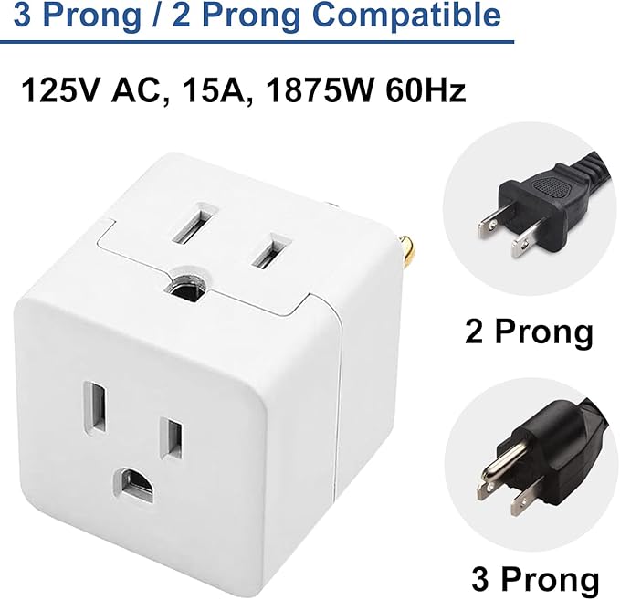 3 Outlet Wall Adapter,UL Listed Outlet Splitter 3 Prong,Cube Tap Plug Extender,3 Way Wall Outlet Adapter,Multiple Plug Expander,White,2 Pack