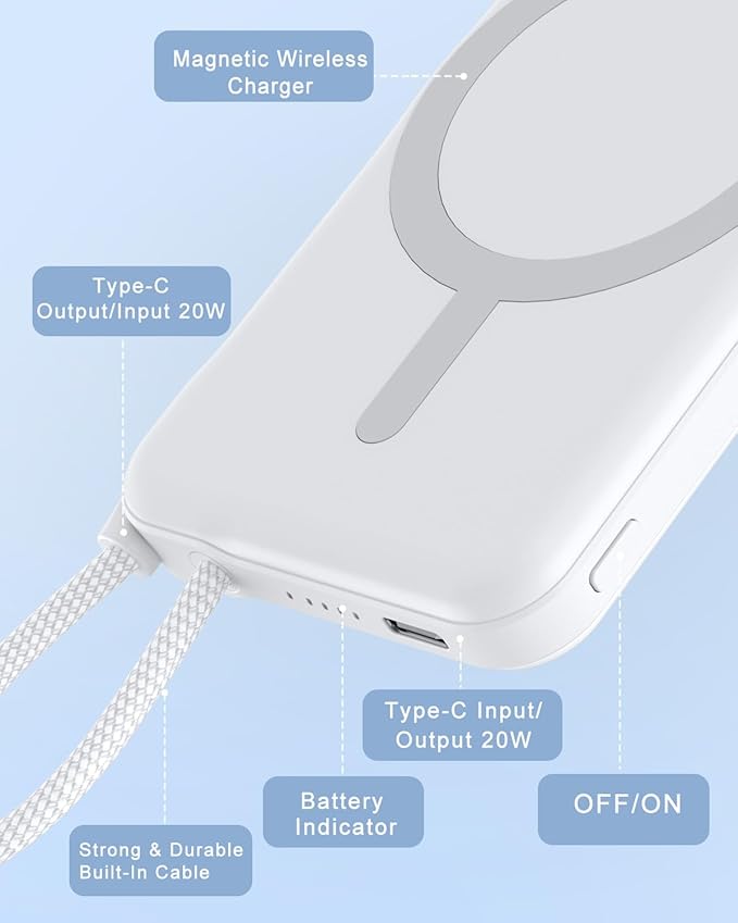 for Magsafe Power Bank, 5000mAh Magnetic Portable Charger with Built-in USB-C Cable, Wireless Battery Pack with 20W PD Fast Charging for iPhone 17/16/15/14/13/12 All Series-White